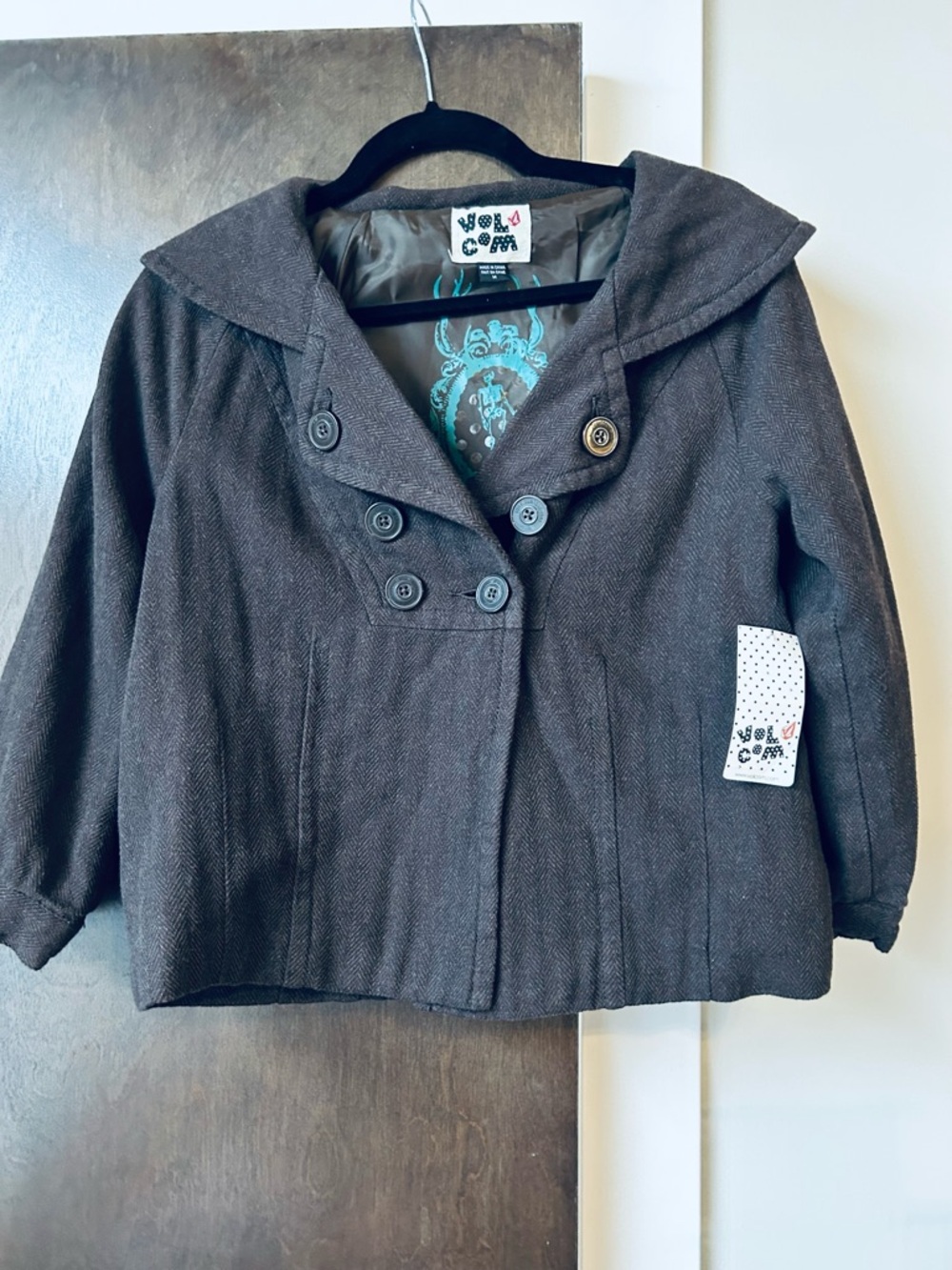 Volcom Girls Brown Double-Breasted Hooded Pea Coat